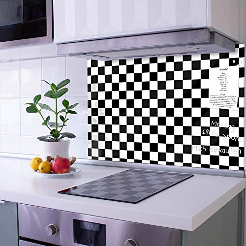 banjado Küchenrückwand Glas ohne Bohren 120x80cm – Glasrückwand Küche mit Motiv Karo Schwarz/Spritzschutz Küchenrückwand Glas/selbstklebende Küchenrückwand Platte - magnetisch & beschreibbar