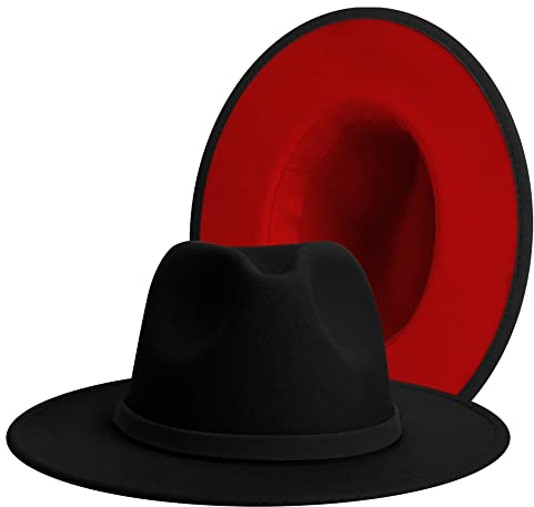 Fedora-Hüte mit breiter Krempe für Damen und Herren, klassisches Kleid, Panamahut, verstellbarer Filzhut mit Band, schwarz/rot, Medium