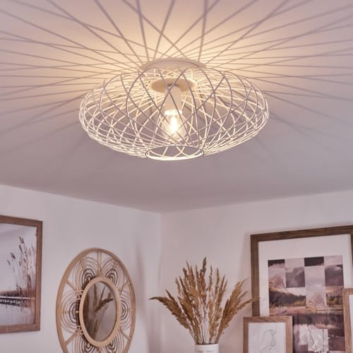 HOFSTEIN Deckenleuchte Wemude, runde Deckenlampe aus Metall in Weiß, 1-flammig E27-Fassung, Lichteffekt Gitter-Optik, Moderne Vintage Lampe Wohnzimmer Schlafzimmer, Ø 40 cm, Retro Gitterleuchte