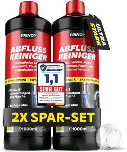 PRINOX 2x 1000ml Abflussreiniger EXTREM STARK 15 Anwendungen je Flasche Rohrreiniger - Entfernt Haare, Essensreste, organisches - Biologisch abbaubar, Hitzefrei, Materialschonend - Hergestellt in DE