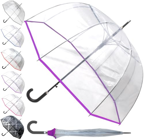 60MPH Rare Automatic Clear Umbrella - Windproof Dome Umbrella Strong - See Through Transparent Clear Plastic Canopy - Best for Visibility - Designer Fiberglass Men Women - Purple Trim
