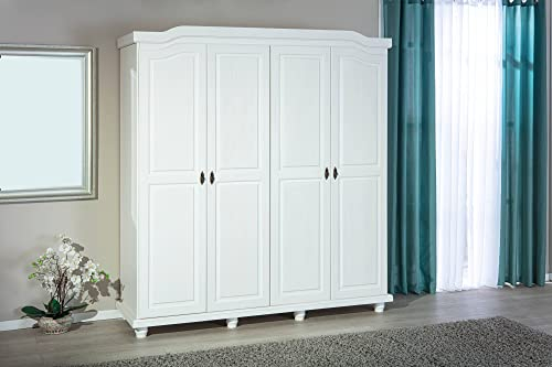 Dmora Kleiderschrank mit 4 Türen, in weiß lackiertem Kiefer massiv, ausgestattet mit 2 Kleiderstangen, 197,5x59,5x182,2 cm