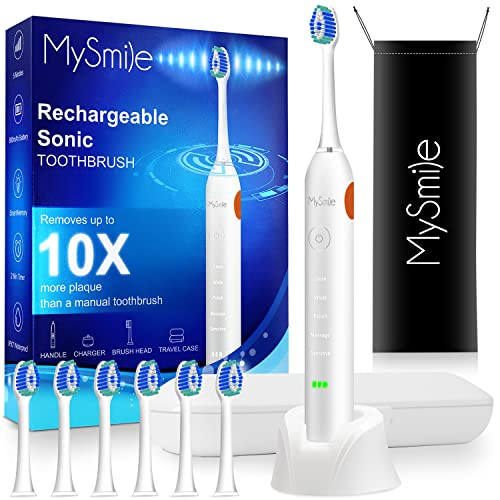 MySmile UC605 Electric Toothbrush for Adults, Rechargeable Sonic Electronic Toothbrush with 6 Brush Heads and Travel Case, 5 Modes 2 Mins Smart Timer, 48000VPM 10X Powerful