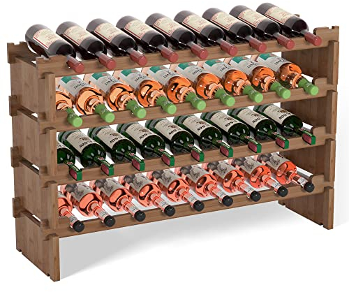 Domax Wine Rack Freestanding Floor - 36 Bottle Wine Racks Countertop,4 Tiers Stackable Wooden Storage Holder, 33.5 in Wide (Walnut)
