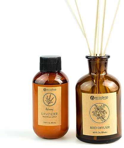 Ecodrop Lavender Reed Diffuser Set - 100ml | Relaxing & Calm Scented Aromatherapy Fragrance Oil, a Glass Bottle & 6 Wooden Reed Sticks Set | Home Spa Gift for Living Room, Bathroom & Bedroom Aroma