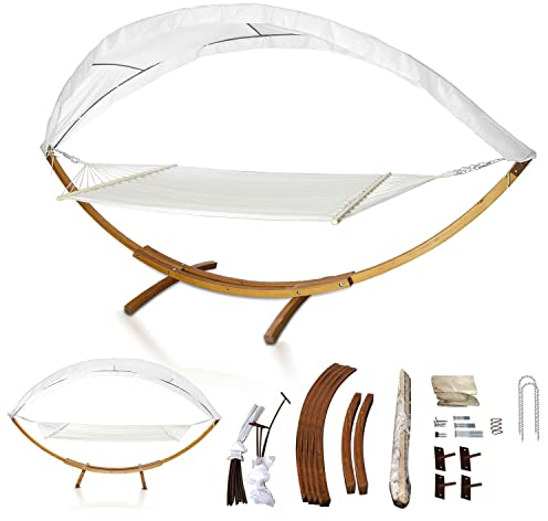 Sonnewelt 410cm Hängematte XXL mit Gestell und Sonnendach bis 200kg, Liegefläche 200x150 cm, Hammock aus wetterfestem Lärchenholz, Stabhängematte für 2 Personen Outdoor und Indoor