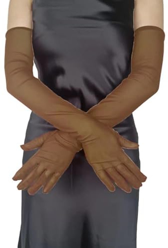 Wambere Guanti lunghi da donna in raso, guanti da danza da sposa, per feste, elasticizzati, per Halloween, trasparenti, gomiti lunghi, per matrimoni, serate, marrone