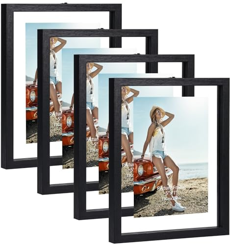 Trwcrt 5x7 Floating Picture Frames Set of 4, Double Glass Photo Frame Display up to 7 x 9 Photos for Desktop or Wall Hanging, Black
