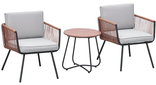 Outsunny Conjunto de Muebles de Jardín de Ratán Sintético 3 Piezas Conjunto de Mesa y 2 Sillas de Ratán con Cojines Acolchados Extraíbles para Balcón Terraza Patio Teca y Gris