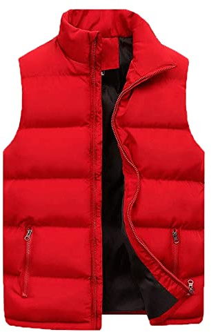 Duohropke Chaqueta acolchada de hombre con cuello alto para invierno, cálida y gruesa, chaqueta de hombre con cremallera, chaqueta premium impermeable sin mangas para exterior, rojo, XL