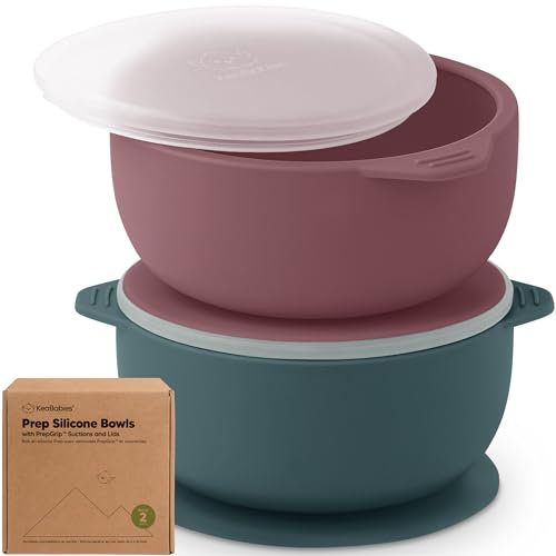 KeaBabies 2er-Pack Baby Schüssel mit Saugnapf und Deckel – Silikon Breischale Baby für Jungen, Mädchen, Kinderschüssel Babygeschirr, Kinderschale, Silikonschüsseln für Babynahrung, BPA-frei (Rocky)