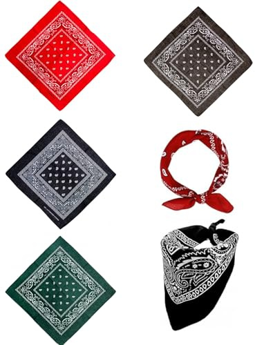 QLEUIFT 4 pcs Bandanas unisex 100% algodón con motivo paisley y un color, pañuelo para el pelo/cuello/muñeca/cabeza, Rojo, negro, verde, gris.