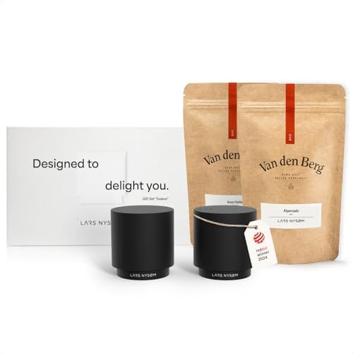 LARS NYSØM Set regalo con saliera e pepiera & spezie - Mini saliera e pepiera di design con il miglior sale alpino e pepe del Brasile in un'attraente confezione regalo (Carbon Black)