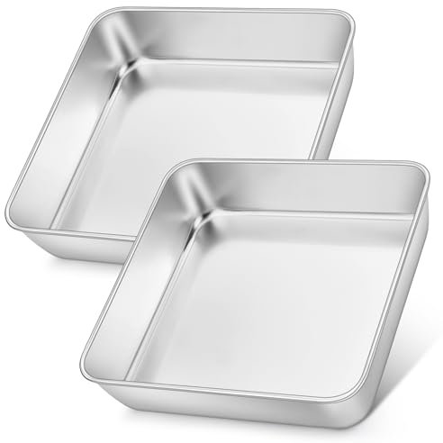 E-far 8x8 Inch Square Cake Pans Set of 2, Stainless Steel Baking Pan for Lasagna Brownies Casseroles, Silver Square Bakeware for Oven Cooking, Non-Toxic & Rust Free, Dishwasher Safe, 2 Inch deep