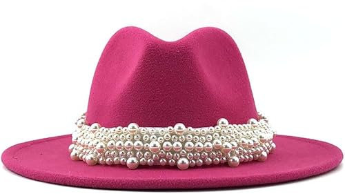 Sommerhut für Herren und Damen, britische Mode, eleganter Jazz-Hut, Perle mit Zylinder, große Krempe, Wollmütze, Damenhut, hot pink, L