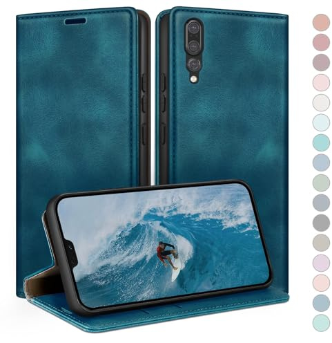 HUOUH für Huawei P20 Pro Hülle mit RFID Schutzhülle aus Lederhülle Handyhülle,Kartenfach Leder ständer Handy hülle,360 Grad Schutz Cover für Huawei P20 Pro Klapphülle Wallet Case Türkis