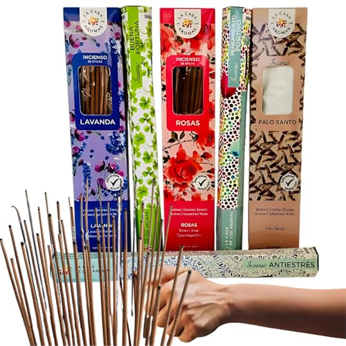 120 Inciensos Naturales para Aromaterapia – Pack 6 Fragancias: Lavanda, Rosas, Palo Santo, Antiestrés, Buena Fortuna, Pensamiento Positivo – Bienestar y Energía Positiva - Bolsa Antihumedad