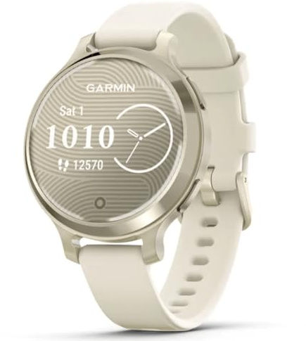Garmin Lily 2 Active, Reloj Inteligente con GPS, Diseño Elegante, Datos de Salud y Forma Física, Pantalla Táctil, Notificaciones, Autonomía hasta 9 días, Dorado con Correa Blanca, Reacondicionado