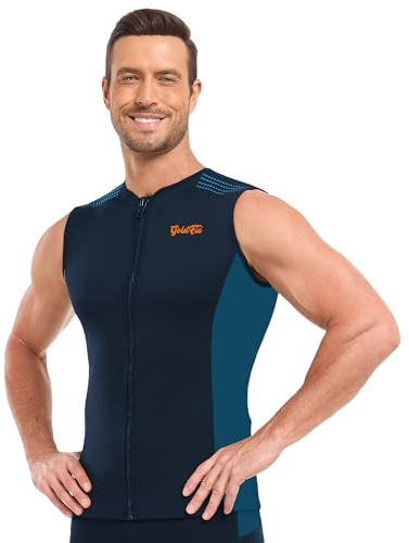 GoldFin Mens Wetsuit Vest, Sleeveless Wet Suits Tops for Men 2mm Front Zip Neoprene Jacket Swimming Diving Surfing Snorkeling Blue Medium