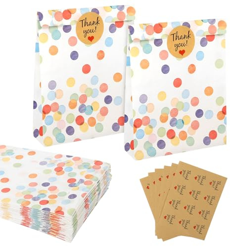 60 Stück Geburtstagstüten, Runde Punkte Geschenktüten mit 72 Aufkleber, Papiertüten Mitgebsel Tüten Geschenk Tüten für Geburtstag Hochzeit Party