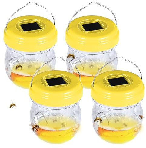 Wespenfalle und Mückenfalle 4er Set, Solar LED Licht Wespenabwehr, Lebend Fallen zum Aufhängen Gegen Wespen, Fliegenfalle Insektenfalle für Lockstoff, Draußen Wespenfänger (9,2x12cm Gelb)