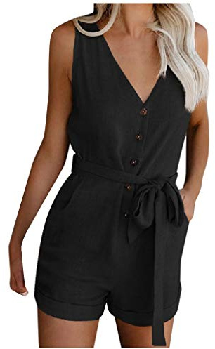 Generico Salopette Donna Estiva Corta,Tutina Donna Elegante Scollo A V Senza Maniche Larghi Jumpsuit Bottoni Cintura A Papillon Tinta Unita Gamba Larga Tuta Intera con Tasche