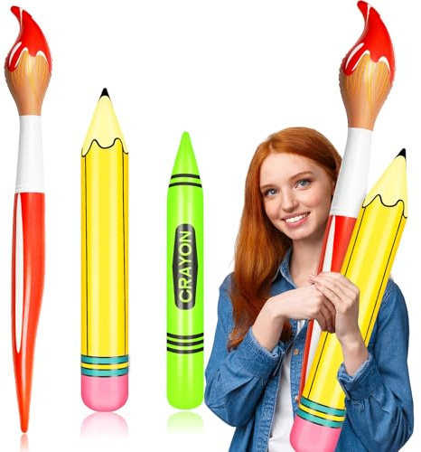 3 Pcs Giant Inflatable Paint Brush Crayon Pencil Set Large Blow Up Pencil Colored Crayon Art Paint Brushes Balloon Prop Kit for Back to School Classroom Events and Birthday Party Decorations