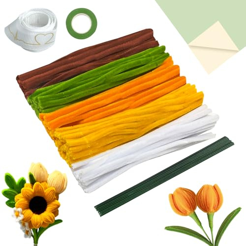 Juego de 210 Piezas de Flores de Limpia Pipas Para Manualidades,5 Colores de Flores de Multicolor Limpia ,Con Cinta, Papel de Flores, Tallos, Cinta,Limpiadores Para Decoración de Ramos de Bricolaje.