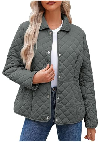 duxyoz Gray Ladies Light Weight Quilted Jacket Womens Casual Outdoor Coat Patchwork Fashion Round Neck Down Coats Long Sleeve Button Down Warm Soft Insulated Water-Resistan Puffer Coat