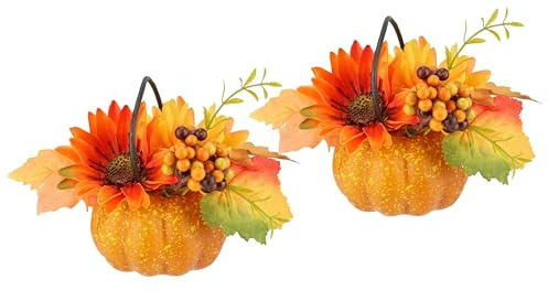 Kunstblumenarrangement Chrysantheme im Kürbis mit Beeren Herbstlaub Blätter Blume Deko Dekoblumen Gesteck Halloween Herbstblume Herbstdeko Kunstblume Künstliches Mittelstück Pflanze Tischdeko im Topf