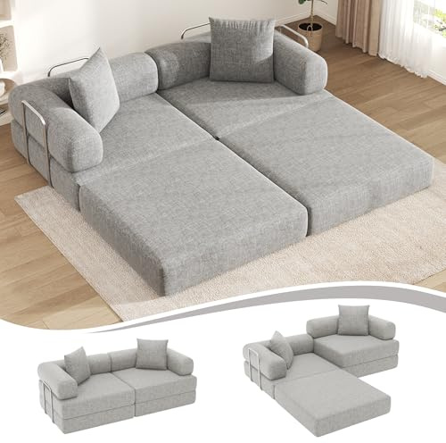 DURASPACE 199cm Schlafsofa, klappbare Matratze mit festem Rahmen, bequemer ausklappbarer Futon, modularer Loveseat ohne Federkern für das Wohnzimmer (Chenille-Grau)