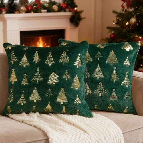Miaikoe Weihnachtskissen Abdeckungen 40x40 cm, Glitter gedruckt Dekorative Kissen Abdeckungen Kissenhülle Set von 2 Winterurlaub Weihnachtsdekor Sofa Couch Grün