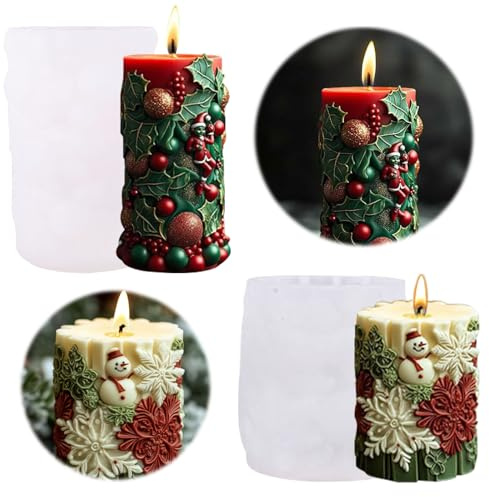 2 Stück Kerzenform Silikon Weihnachten,Kerzengiessformen Silikonformen kerzenformen zum gießen Weihnachten Schneemann Und Beeren,DIY Silikonform Kerzen Silikonformen für Weihnachten Deko