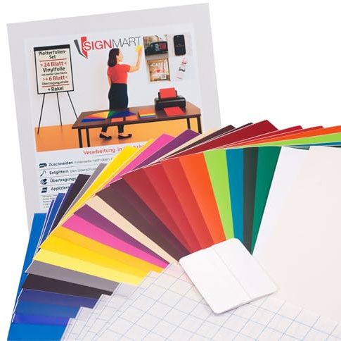 31-teiliges Vinylfolien-Set für Silhouette, Cricut, Brother, 24 selbstklebende Plotterfolien Matt 30,5x21 cm, 6 Blatt Übertragungsfolie DIN A4 und 1 Rakel für Auto, Fenster, Keramik, Kunststoff