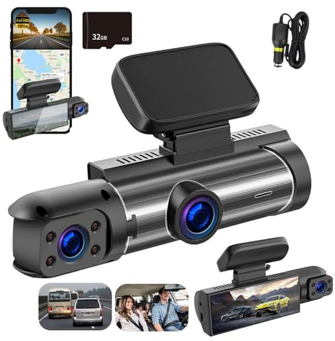 Dashcam Pro, Dashcam Auto, Auto Camera Vorne Und Hinten, 310° Rundumsicht, 3,16 Zoll, Mit WiFi, 1080p Und Infrarot Nachtsicht, Loop-Aufnahm,Parküberwachung (Vorder- und Innen,64GB)