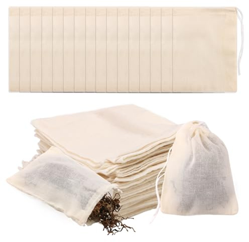 50 Stück 8 x 10 cm Baumwoll Musselin Beutel Teefilter mit Tunnelzug Wiederverwendbare Klein Baumwolltasche Mulltasche Teebeutel Stoffbeutel Kordelzug Gemüsebeutel für Gewürze Losen Tee Obsttee Kaffee