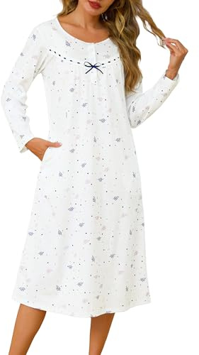 Lovasy Long Nightdresses for Women UK Cotton Button Front Ladies Nighties Long Sleeve Nightshirts with Pockets