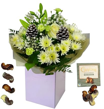 Vibrant White Rose and Gerbera Flower Bouquet - Green Chrysanthemum – Fresh Floral Arrangement (Chocolate)