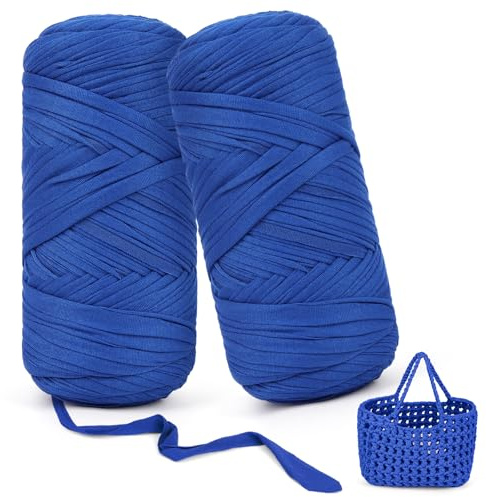 Aeelike 400g Bändchengarn zum Häkeln,Weichem T-shirt Häkelgarn, Meerblau | 2cm T Shirt Strickgarn für Anfänger, Textilgarn für DIY-Kunsthandwerk, Heimdekoration, Taschen, Körbe, Decke