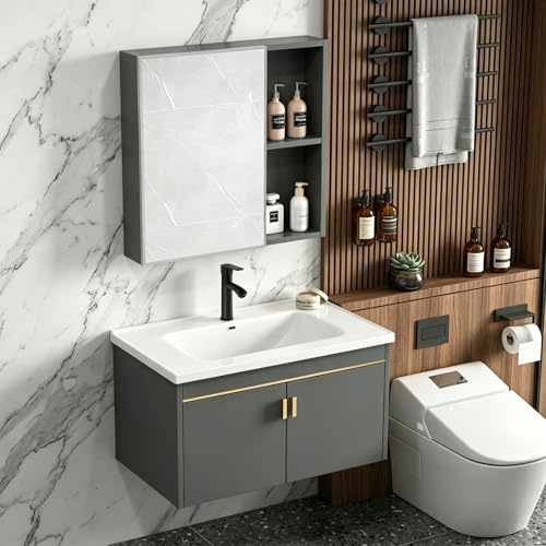 LVRUIEDS Mobiletti da Bagno, Mobiletto con Lavabo Montato a Parete, Set Combinato di Mobiletto Specchio e Lavandino con Lavandino in Ceramica e Rubinetto (60x40CM)