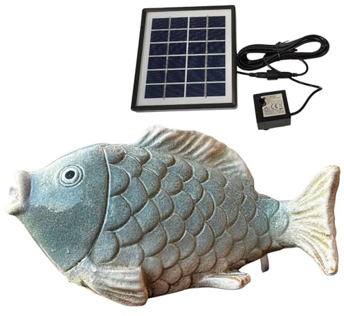 Solar Wasserspeier Fisch aus Keramik - Blau-Weiss glasierte Teichfigur - Maritimes Wasserspiel für Garten Balkon Miniteich - Solarfontäne mit 3m Kabel - Wetterfeste Aussendeko