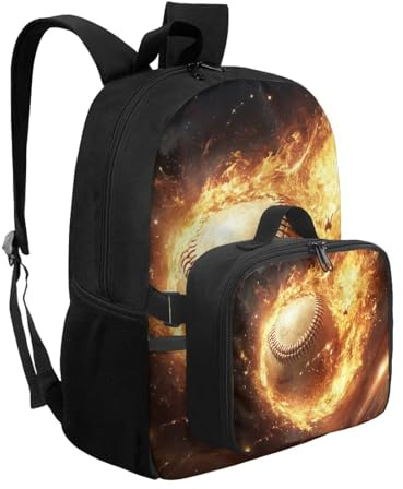 YDFISH Barn skola ryggsäck set 2 delar barn skolväska med lunchväska polyester bokväska set för skola resor sport, Flamma baseball, M, Klassisk