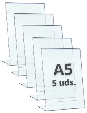 drb derabo Expositor metacrilato transparente a5, pack 5 unidades, soporte sobremesa para carteles A5, porta menú, porta precios, porta fotos para mesa, marco de acrílico transparente.