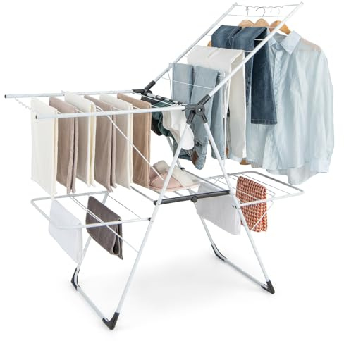 Giantex Clothes Drying Rack, 2-Layer Stainless Steel Foldable Laundry Drying Rack with 6-Level Adjustable Height, Useful Clips, Space Saving Freestanding Folding Collapsible Laundry Drying