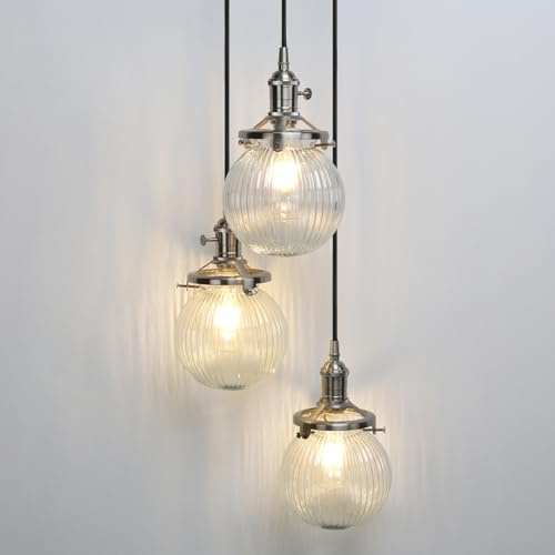 JIMUBEAM Industrial Cluster 3 Way Ceiling Pendant Light Fittings Ribbed Glass Shade, Retro Loft Bar Hanging Lamp Fixture for Kitchen Island, Dining Room, Living Room, Hallway