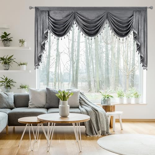 JADE POKE Gray Velvet Swags Waterfall Valance for Bedroom - Tassels Swag Valances for Living Room Rod Pocket Valances (1 Panel, W89 inch)