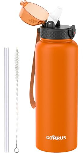 GOPPUS 1.2L/40oz Stainless Water Bottle with Straw Double Wall Insulated Bottles with Strap Large Vacuum Thermal Flask Leakproof Keep Cold Drinks Bottles with Flip Top Lid for Men Women BPA Free
