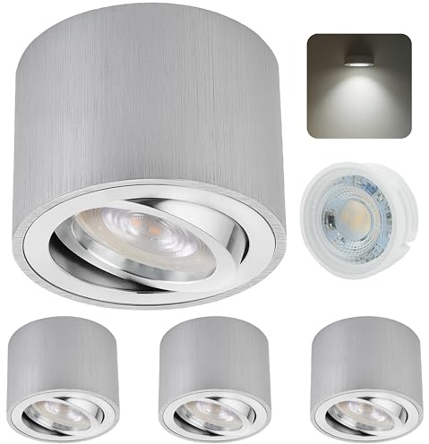 Sweet Led 4x Aufbauspots Silber Gebürstet – Flach & Schwenkbar Ø80×50mm – LED Deckenspots 5W 230V Neutralweiß 4000K – Aufbaustrahler aus Aluminium