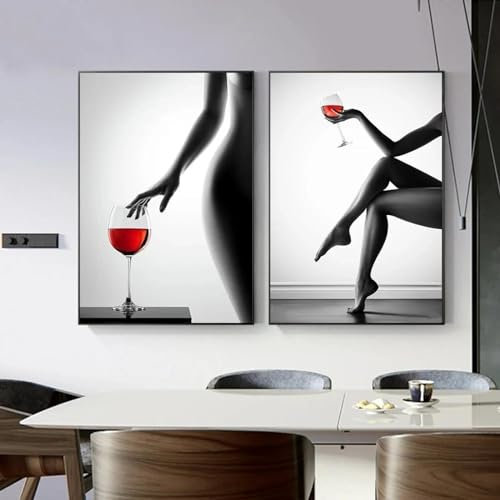LIMAIDUO Modernes Weinglas-Dekor mit halbnackter Frau, Schwarz-Weiß-Druck mit sexy Mädchen, Leinwandgemälde für Zimmer-Wanddekoration, 30 x 45 cm x 2, rahmenlos