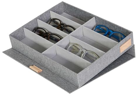 LOVE IT STORE IT Premium - Caja para 8 gafas - De tela de lino - Almacenamiento y presentación - Reforzado con madera - Gris claro - 32 x 25 x 5,5 cm